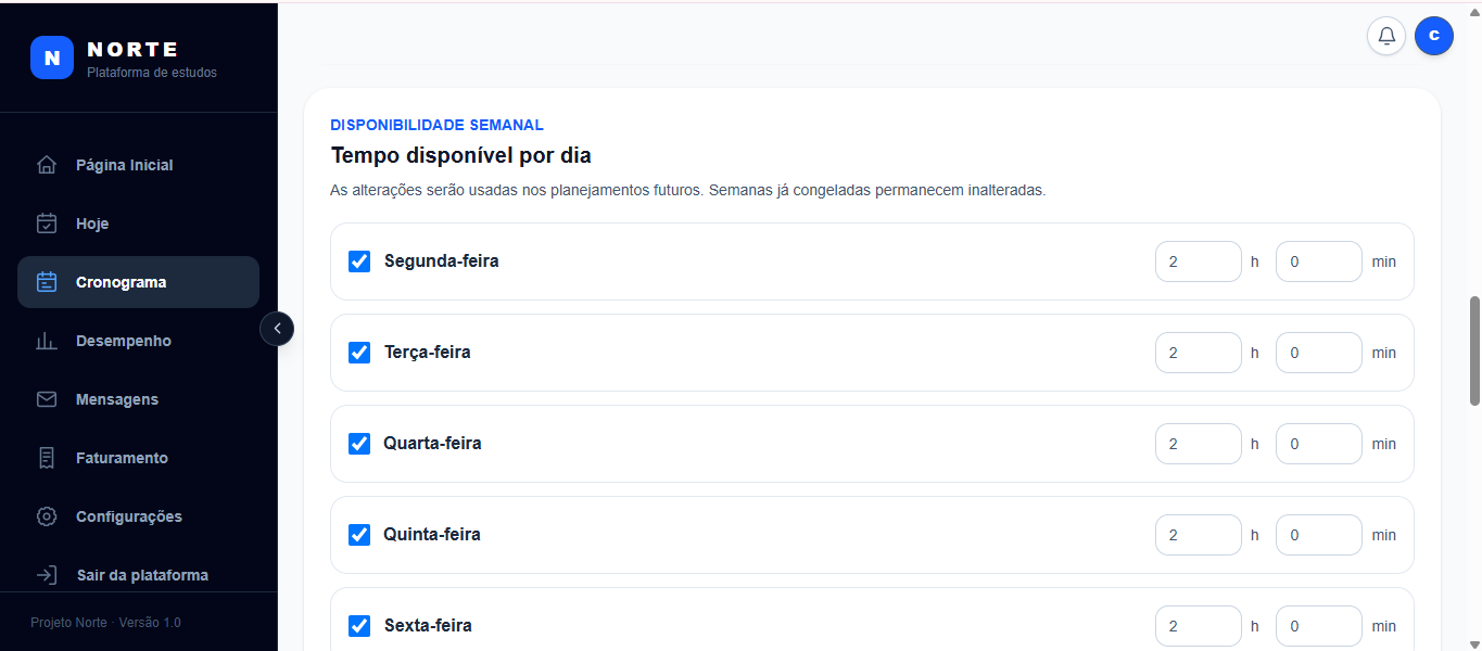 Tela real da disponibilidade semanal do Norte Concursos