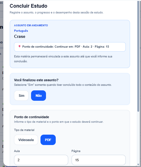 Tela real da seção Registrar estudo do Norte Concursos